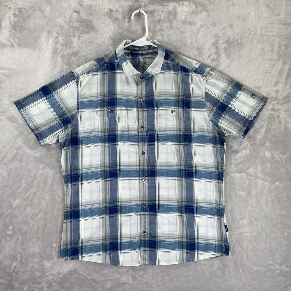 KUHL Shirt Mens Large Button Up STYK Tapered Fit Blue Plaid Short Sleeve Outdoor